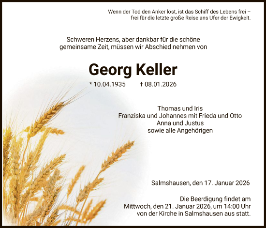 Traueranzeige von Georg Keller von HNA