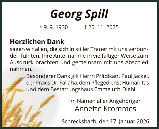 Traueranzeige von Georg Spill von HNA
