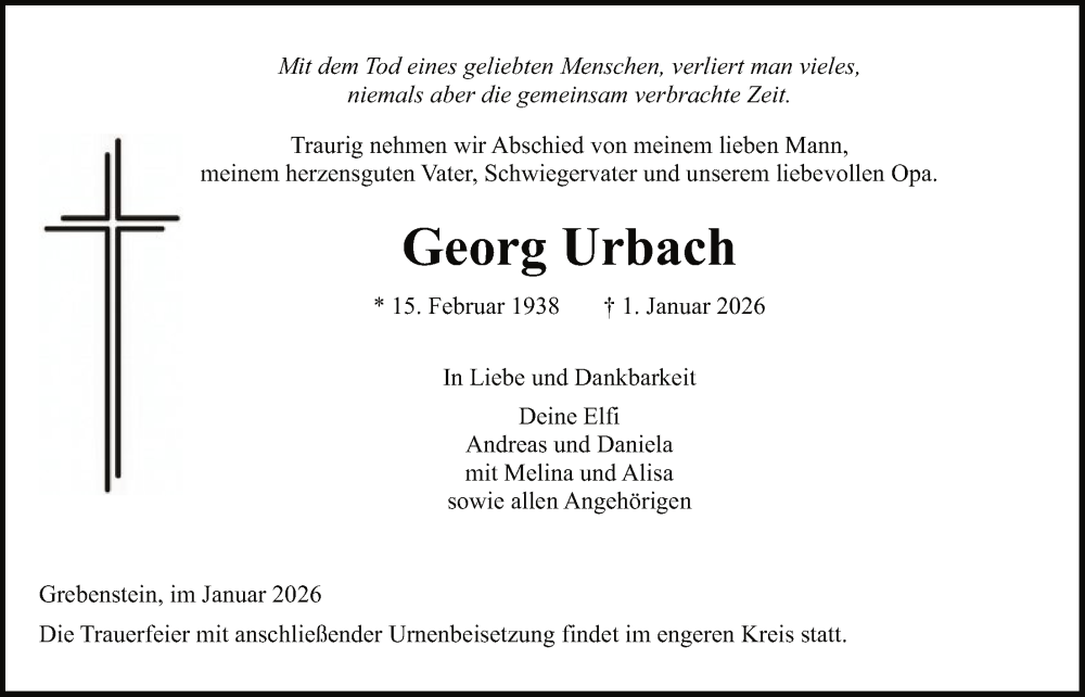  Traueranzeige für Georg Urbach vom 17.01.2026 aus HNA