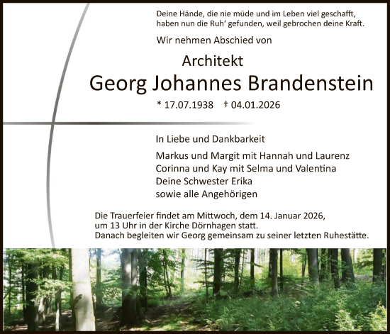 Traueranzeige von Georg Johannes Brandenstein von HNAHNA