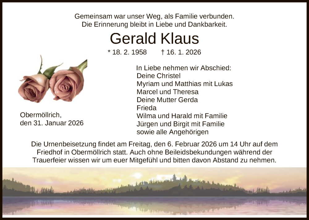  Traueranzeige für Gerald Klaus vom 31.01.2026 aus HNA