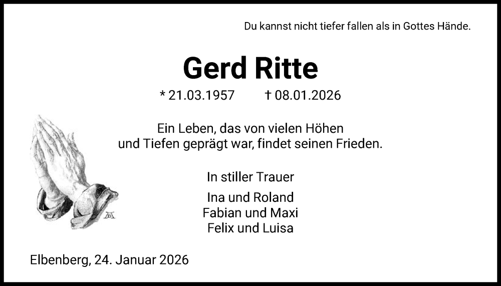  Traueranzeige für Gerd Ritte vom 24.01.2026 aus HNA