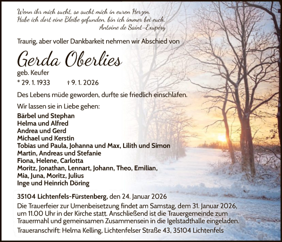 Traueranzeige von Gerda Oberlies von WLZHNA