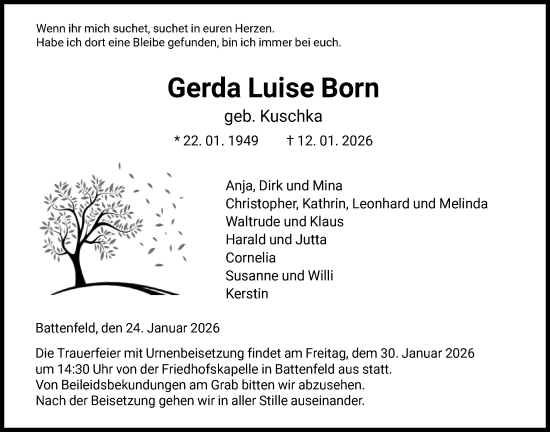 Traueranzeige von Gerda Luise Born von HNA