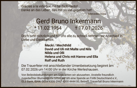 Traueranzeige von Gerd Bruno Inkermann von HNA