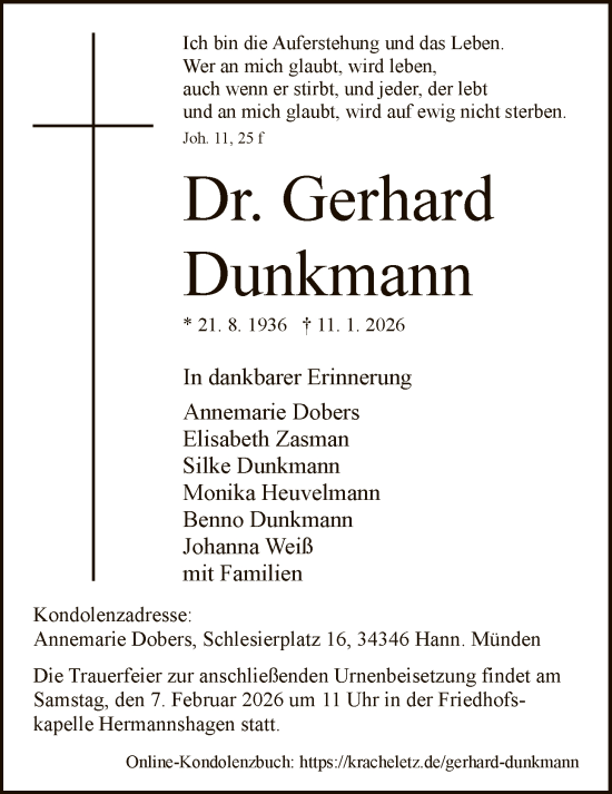 Traueranzeige von Gerhard Dunkmann von HNA