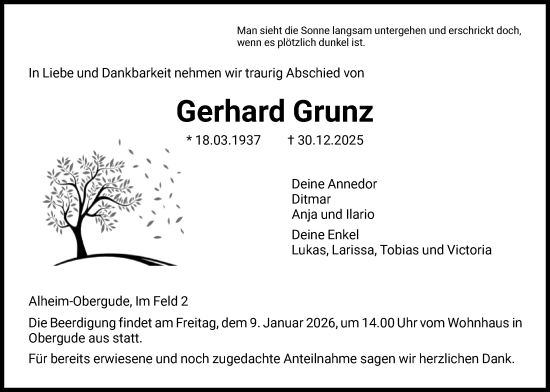 Traueranzeige von Gerhard Grunz von HNA
