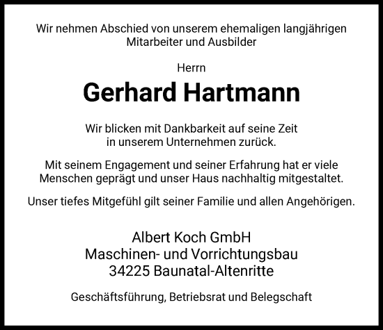 Traueranzeige von Gerhard Hartmann von HNA