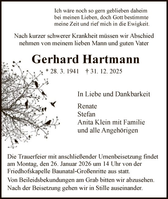 Traueranzeige von Gerhard Hartmann von HNA