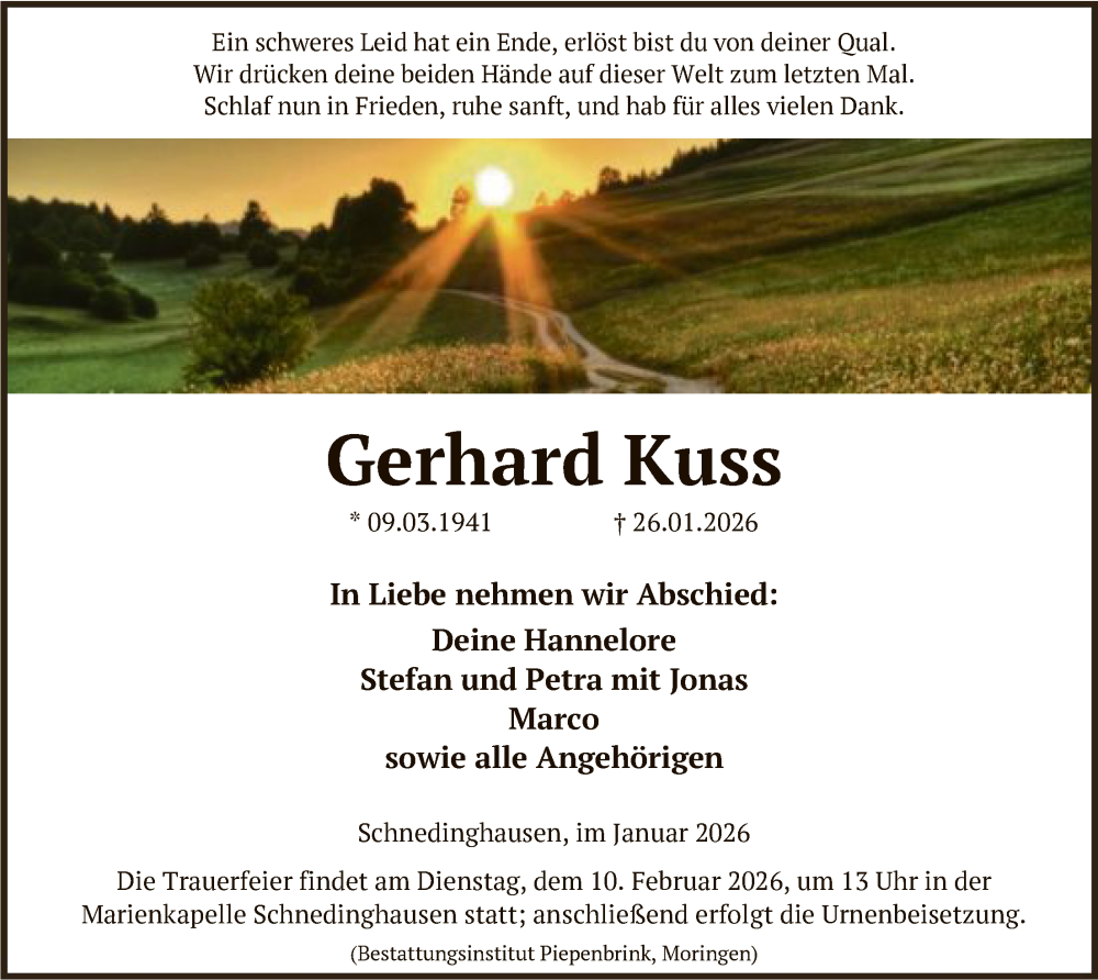  Traueranzeige für Gerhard Kuss vom 31.01.2026 aus HNA