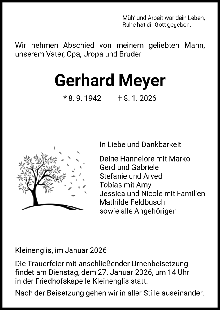  Traueranzeige für Gerhard Meyer vom 24.01.2026 aus HNA