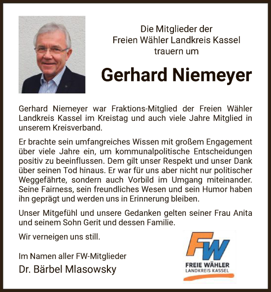 Traueranzeige von Gerhard Niemeyer von HNA