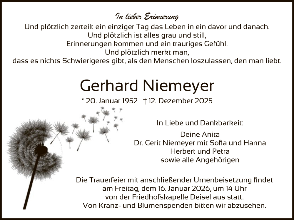  Traueranzeige für Gerhard Niemeyer vom 10.01.2026 aus HNAHN