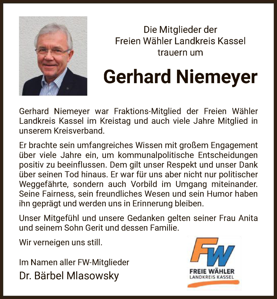  Traueranzeige für Gerhard Niemeyer vom 10.01.2026 aus HNA