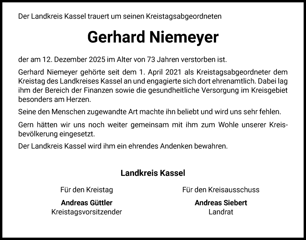  Traueranzeige für Gerhard Niemeyer vom 10.01.2026 aus HNA