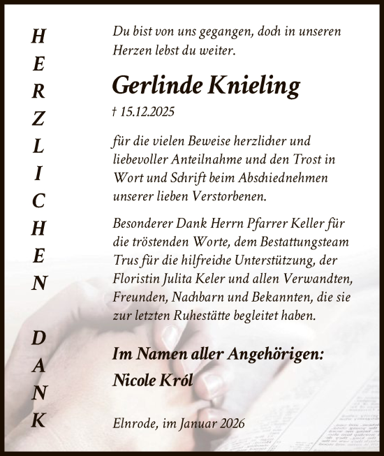 Traueranzeige von Gerlinde Knieling von HNAHNA