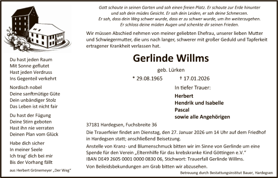 Traueranzeige von Gerlinde Willms von HNA
