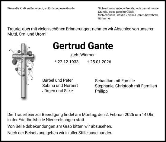 Traueranzeige von Gertrud Gante von HNA