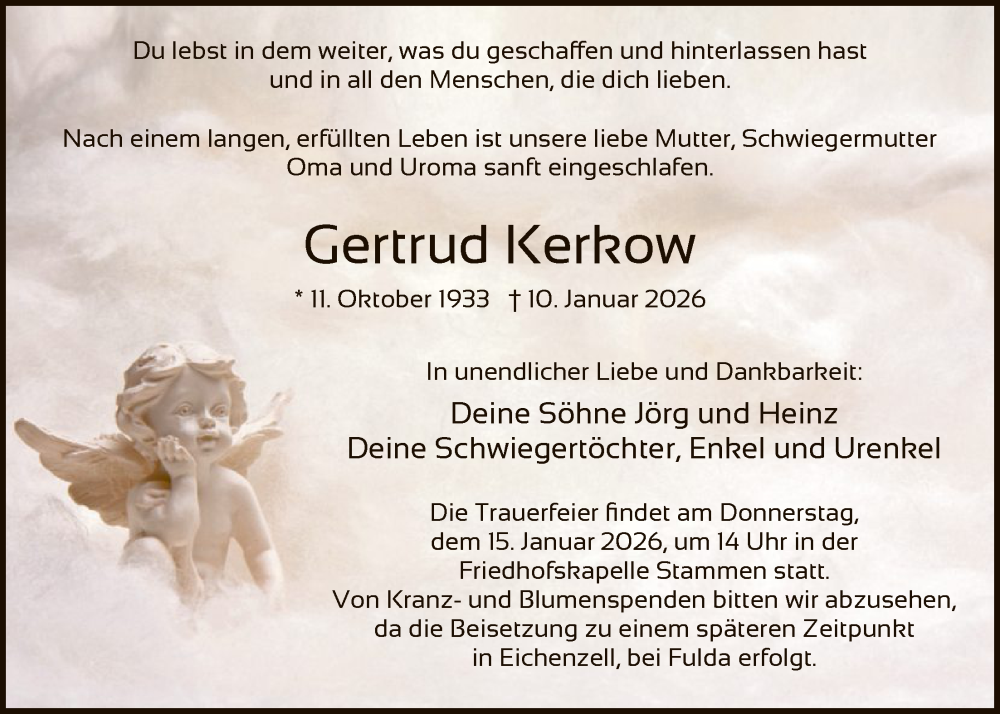  Traueranzeige für Gertrud Kerkow vom 13.01.2026 aus HNA