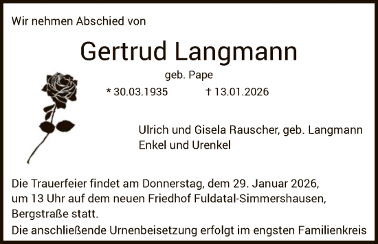 Traueranzeige von Gertrud Langmann von HNA