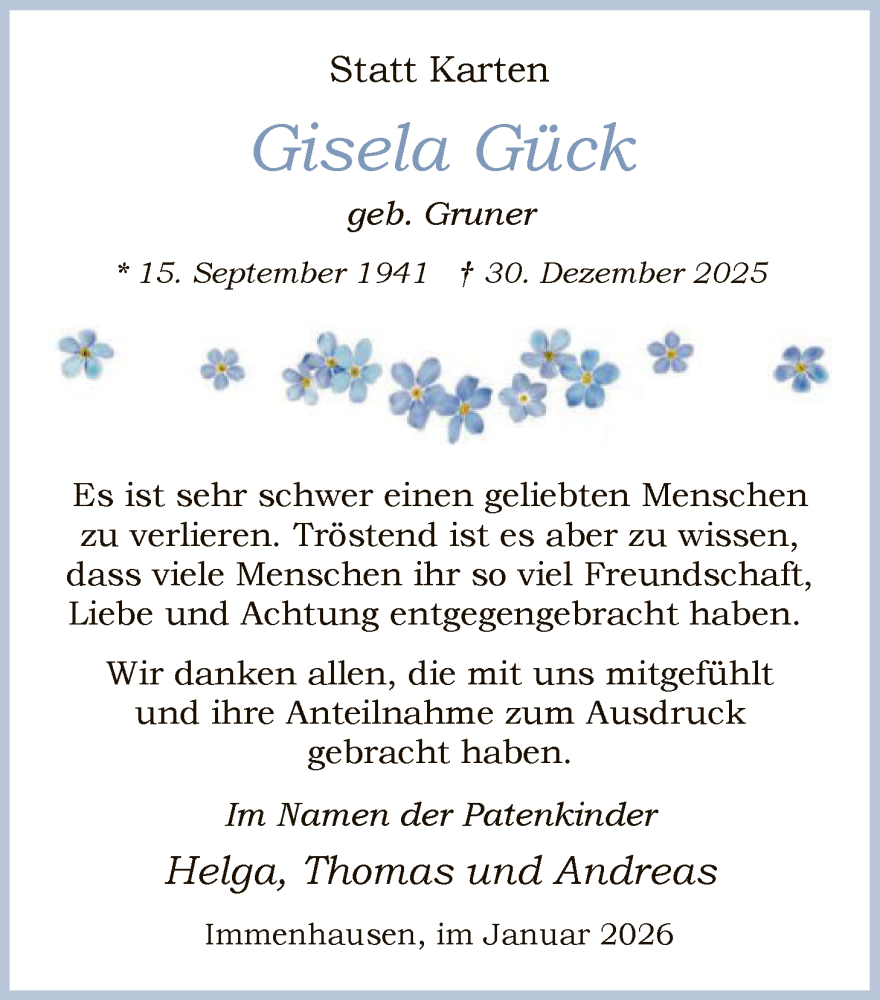  Traueranzeige für Gisela Gück vom 31.01.2026 aus HNA