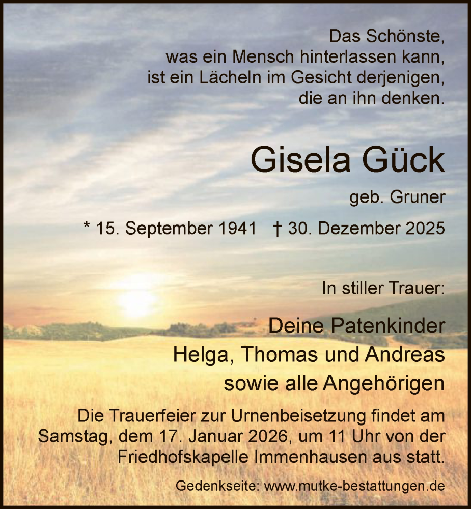  Traueranzeige für Gisela Gück vom 10.01.2026 aus HNA