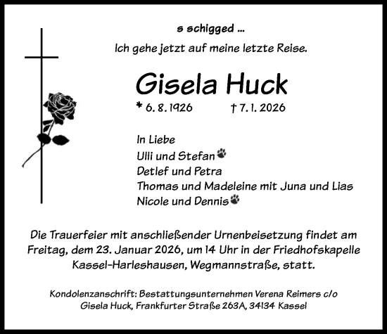 Traueranzeige von Gisela Huck von HNA
