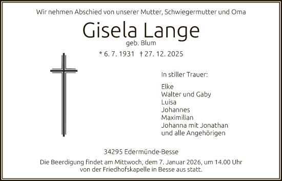 Traueranzeige von Gisela Lange von HNAHNA