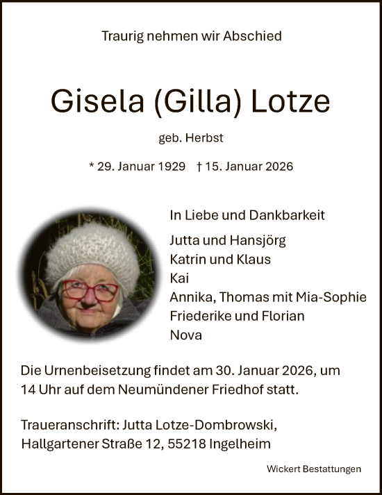 Traueranzeige von Gisela   Lotze von HNA