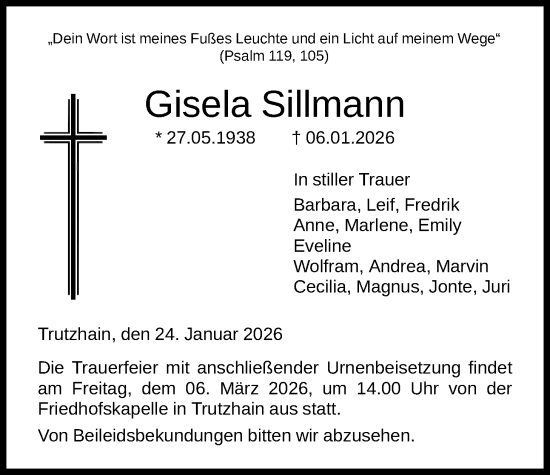 Traueranzeige von Gisela Sillmann von HNA