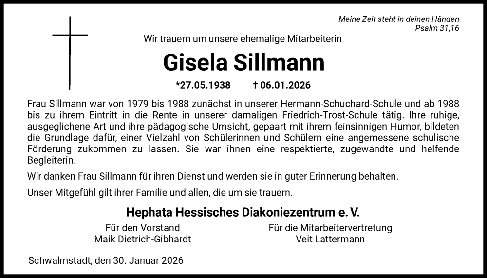  Traueranzeige für Gisela Sillmann vom 30.01.2026 aus HNA