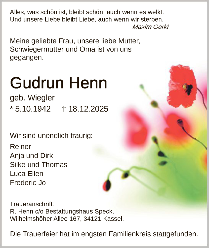  Traueranzeige für Gudrun Henn vom 17.01.2026 aus HNA