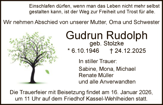 Traueranzeige von Gudrun Rudolph von HNAHNA