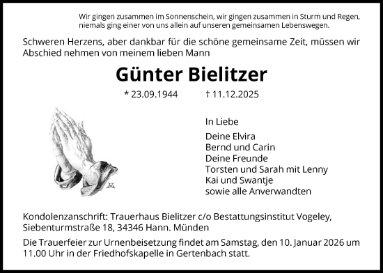 Traueranzeige von Günter Bielitzer von HNA