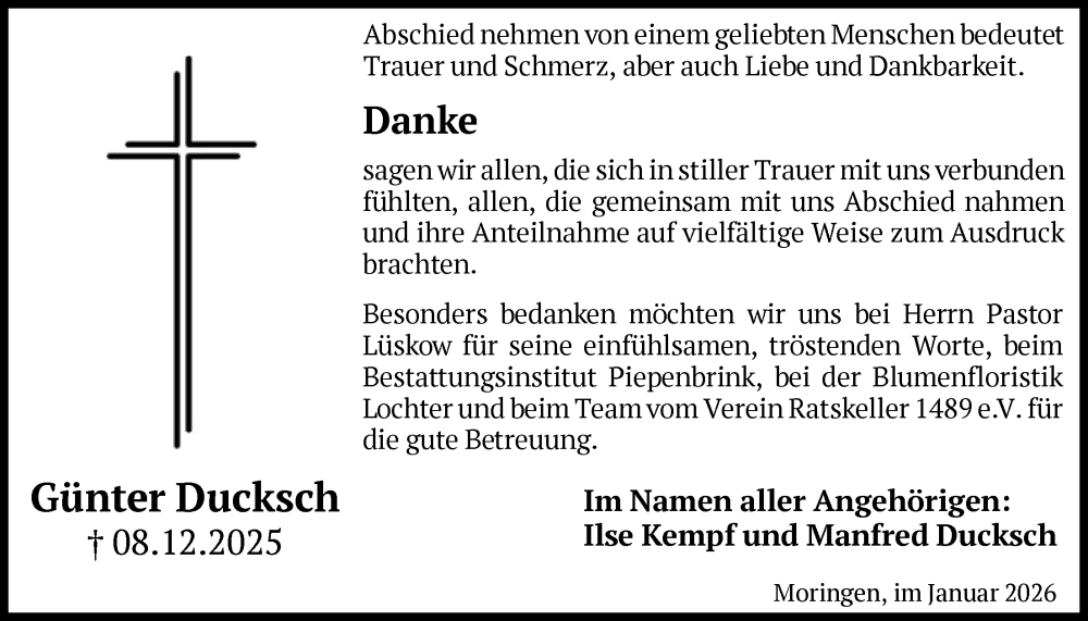  Traueranzeige für Günter Ducksch vom 03.01.2026 aus HNA