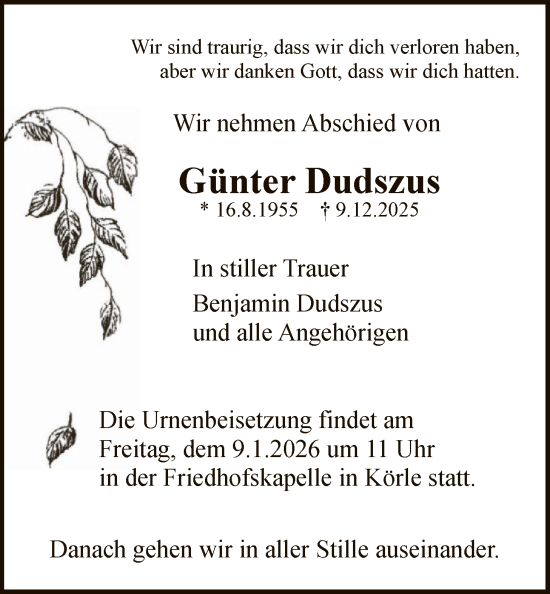 Traueranzeige von Günter Dudszus von HNA