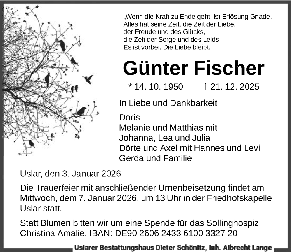  Traueranzeige für Günter Fischer vom 03.01.2026 aus HNA