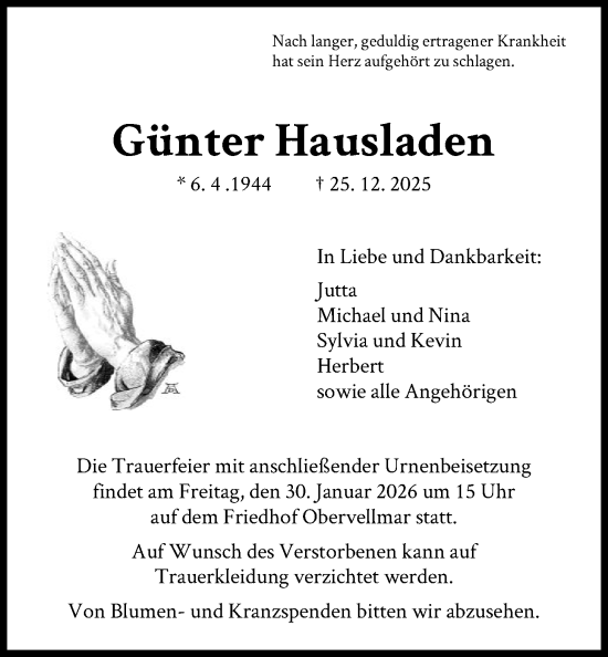 Traueranzeige von Günter Hausladen von HNA