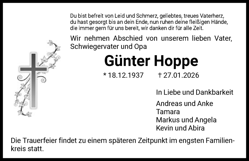  Traueranzeige für Günter Hoppe vom 31.01.2026 aus HNA