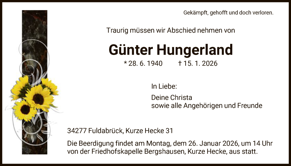  Traueranzeige für Günter Hungerland vom 21.01.2026 aus HNA