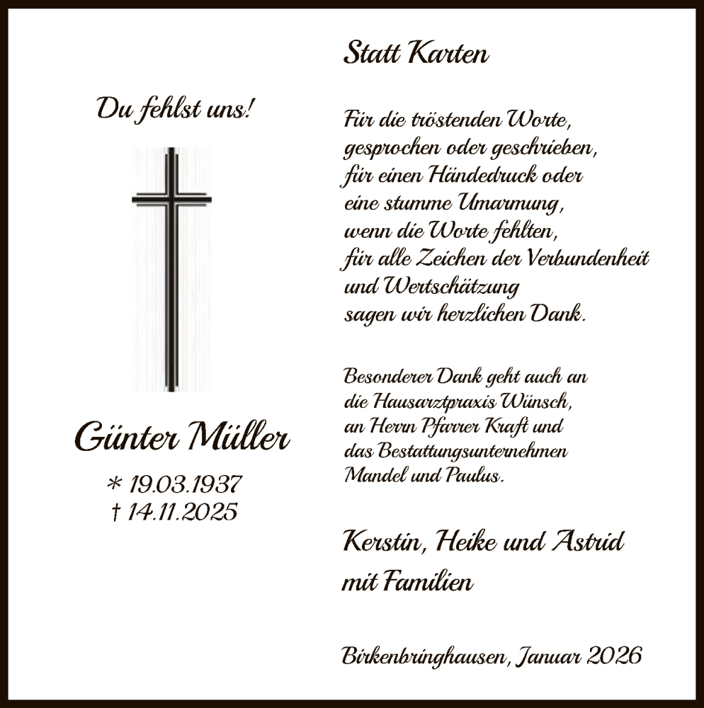  Traueranzeige für Günter Müller vom 14.01.2026 aus HNA
