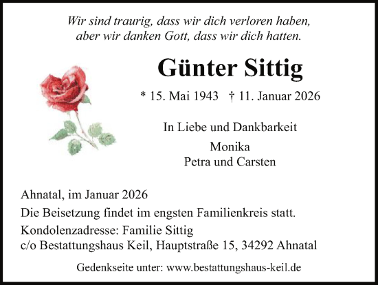 Traueranzeige von Günter Sittig von HNA