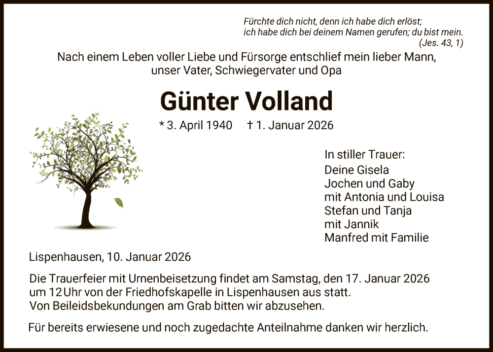  Traueranzeige für Günter Volland vom 10.01.2026 aus HNA