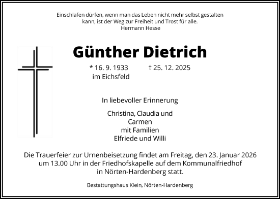 Traueranzeige von Günther Dietrich von HNA