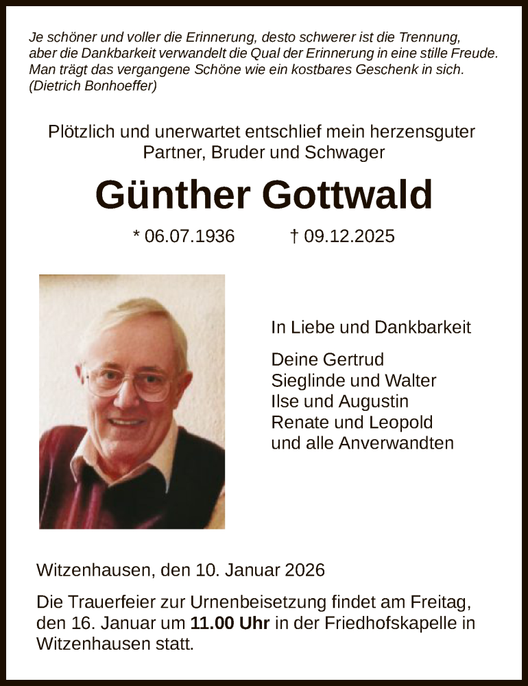  Traueranzeige für Günther Gottwald vom 10.01.2026 aus HNA