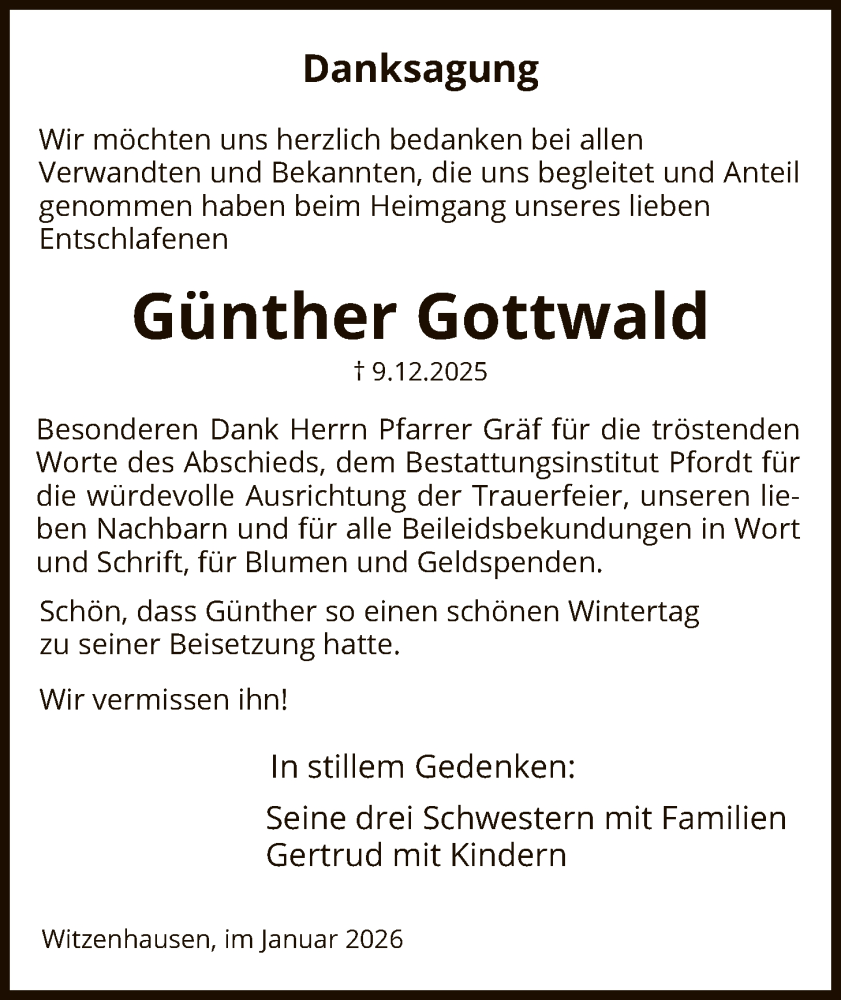  Traueranzeige für Günther Gottwald vom 24.01.2026 aus HNA
