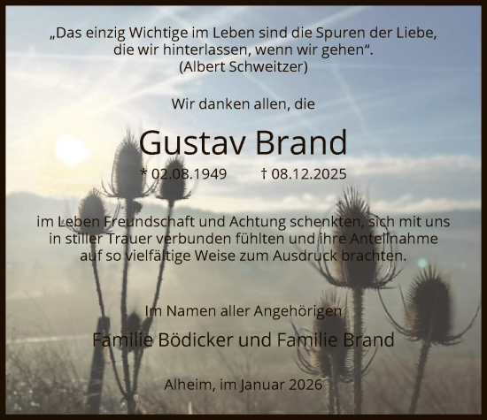 Traueranzeige von Gustav Brand von HNA