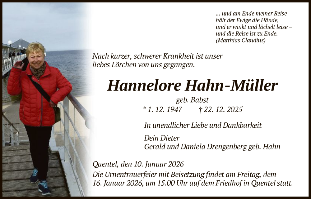  Traueranzeige für Hannelore Hahn-Müller vom 10.01.2026 aus HNA