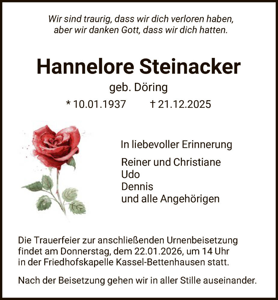  Traueranzeige für Hannelore Steinacker vom 17.01.2026 aus HNA
