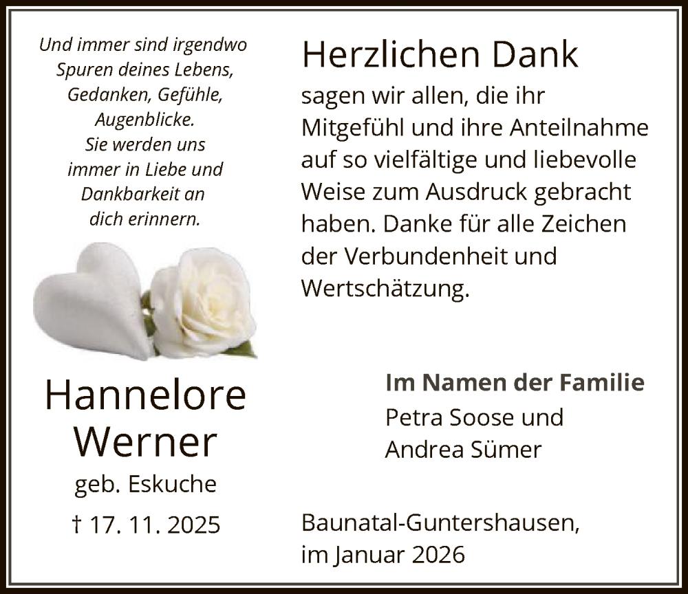  Traueranzeige für Hannelore Werner vom 03.01.2026 aus HNA